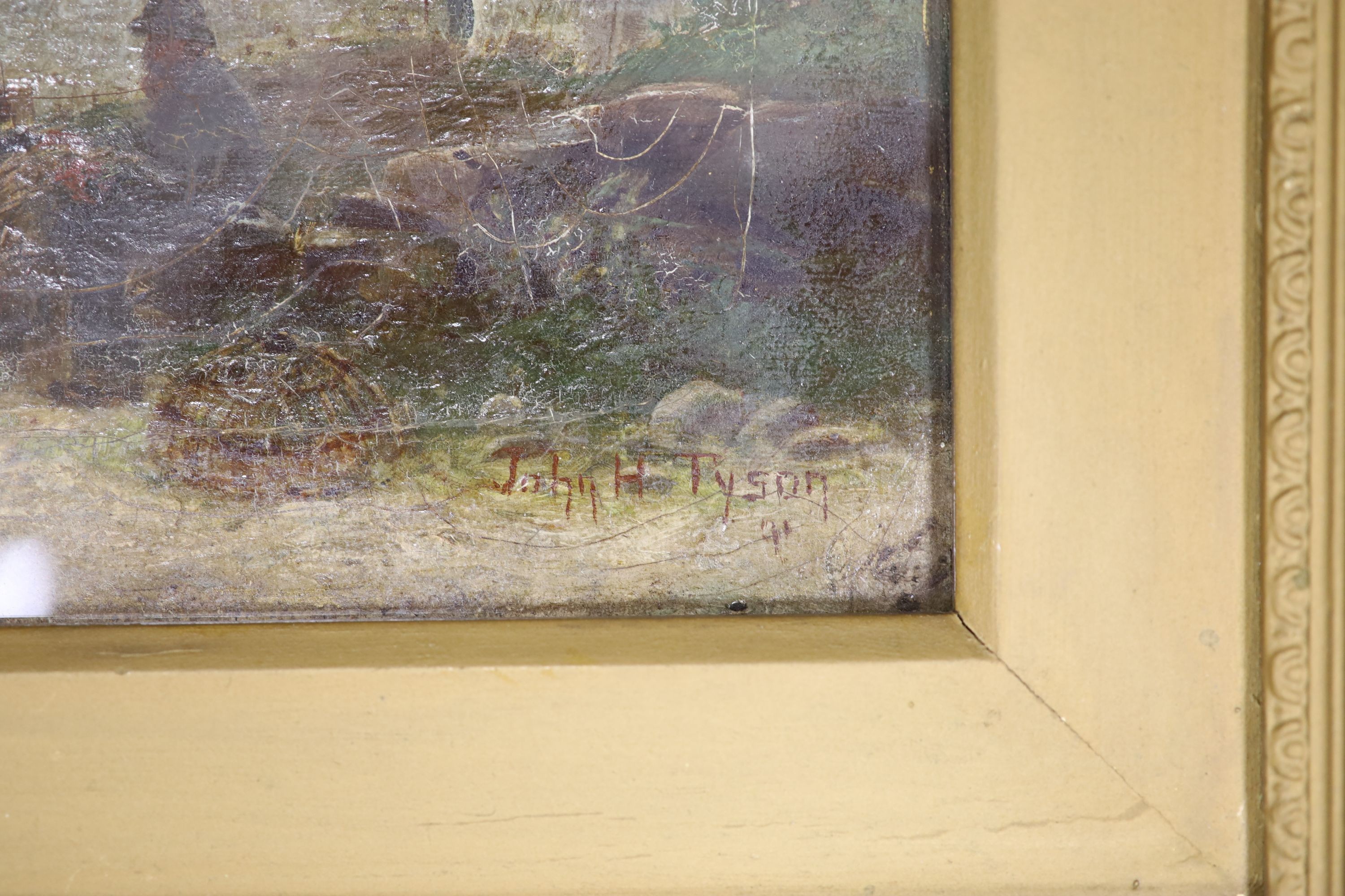 John H. Tyson (fl.1886-1905), oil on canvas, Lobster pot maker beside cottages, signed and dated '91, 22 x 32cm